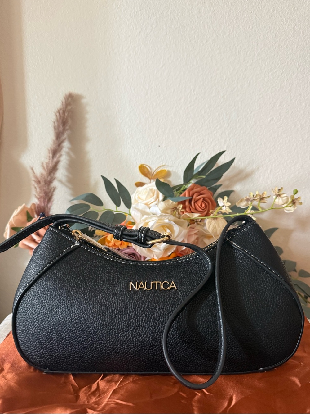 Nautica Black Pebbled Leather Crescent Shoulder Bag with Gold Logo